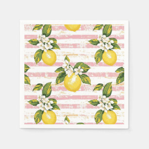 Vintage Lemons & Blooms on Pink and White Stripes Napkin