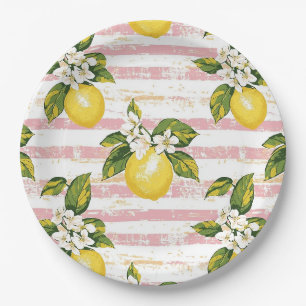 Vintage Lemons & Blooms on Pink and White Stripes Paper Plate