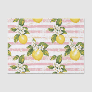 Vintage Lemons & Blooms on Pink and White Stripes Tissue Paper
