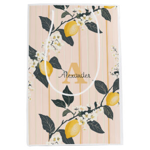 Vintage Lemons & Blooms on Pink Stripes Medium Gift Bag