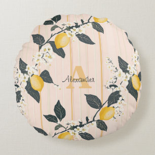 Vintage Lemons & Blooms on Pink Stripes Round Cushion