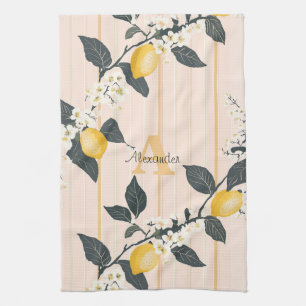 Vintage Lemons & Blooms on Pink Stripes Tea Towel