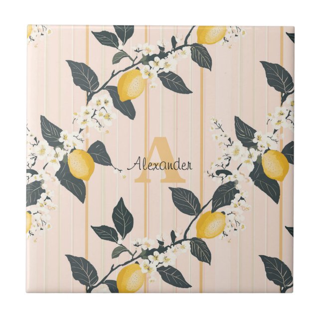 Vintage Lemons & Blooms on Pink Stripes Tile (Front)