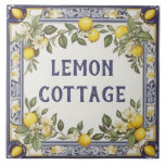 Vintage Lemons Custom House Name Plate Plaque Sign Tile<br><div class="desc">custom house name plate, personalised house name plaque, personal customised text sign, lemon farm casa ceramic tile, mediterranean green yellow lemons fruit, traditional portuguese spanish nature, last family name surname, italian farmhouse home signage, decorative antique rustic farming villa, blue and white vintage art</div>