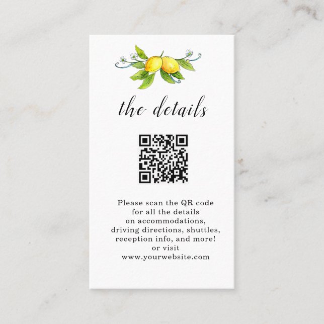 Vintage Lemons QR code wedding details card (Front)