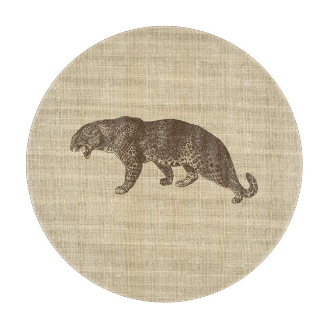 Vintage Leopard Illustration on Burlap  Cutting Board (Front)