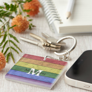 Vintage LGBT flag pride distresed rainbow Monogram Key Ring