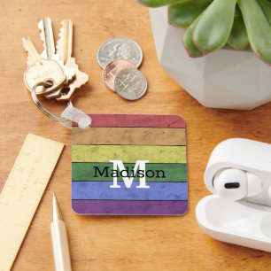 Vintage LGBT flag pride distresed rainbow Monogram Key Ring