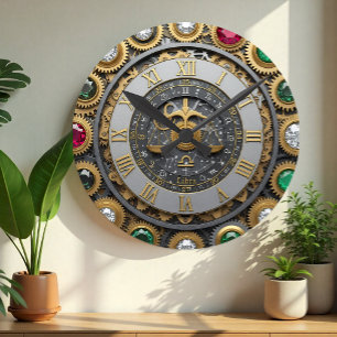 Vintage Libra Clock, Astrology, Zodiac, Gems, Gold Round Clock