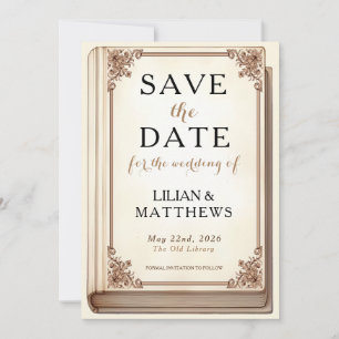 Vintage Library Book Cover Cursive Font Save The Date