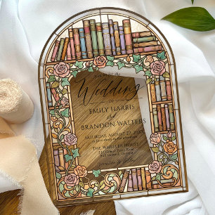 Vintage Library Books Stained Glass Arch Wedding Acrylic Invitations