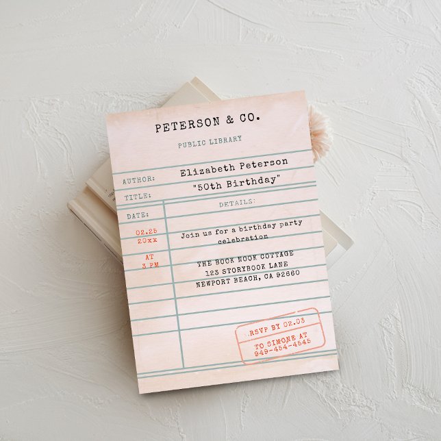 Vintage Library Card Book Lover Birthday Party (book lover birthday party invitation library card vintage pink bookworm literary librarian type)