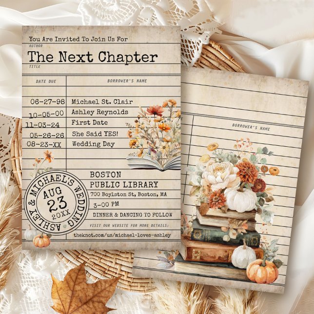 Vintage Library Card Books Fall Floral Wedding (Elegant unique watercolor fall floral & pumpkin vintage library card book Autumn wedding invitation)