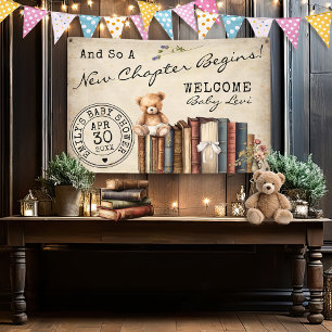 Vintage Library Card Books Teddy Bear Baby Shower Banner