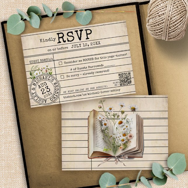 Vintage Library Card Books Wedding RSVP Card (Vintage rustic watercolor floral book library card literary elegant wedding invitation QR code RSVP)