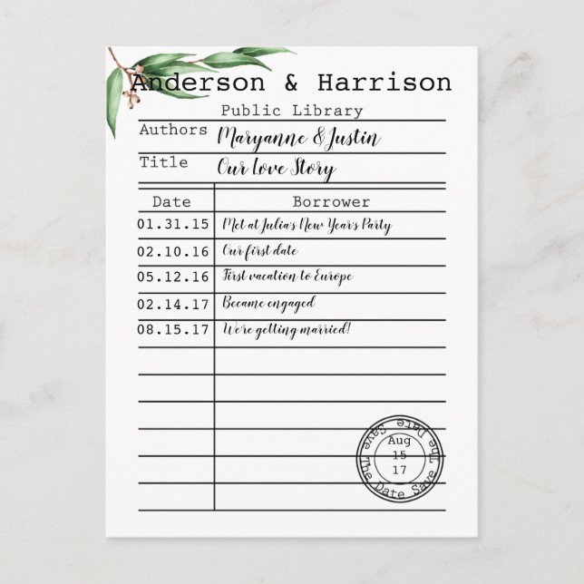 Vintage Library Card Botanicals Save The Date (Front)