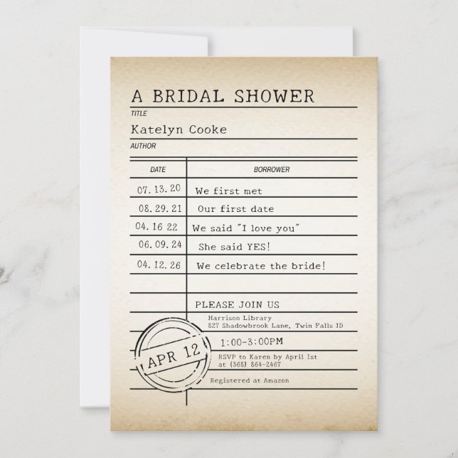 Vintage Library Card Bridal Shower Invitation (Front)