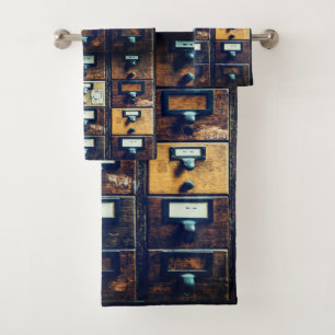 Vintage library card catalog wood cabinet bath towel set