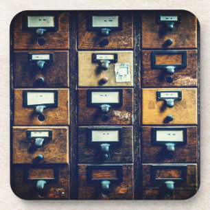 Vintage library card catalog wood cabinet coaster