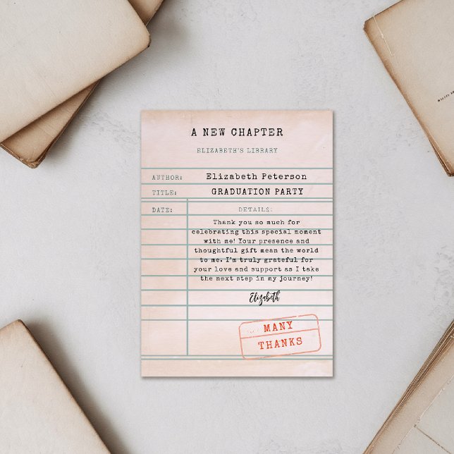 Vintage Library Card Graduation Thank You Card (graduation party thank you card vintage library card inspirational message personalized name)