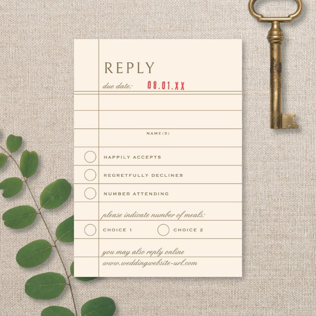 Vintage Library Checkout Neutral Wedding Reply RSVP Card (Creator Uploaded)