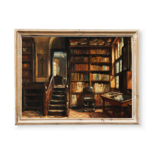 Vintage Library Oil Painting, Moody Interior Scene Poster