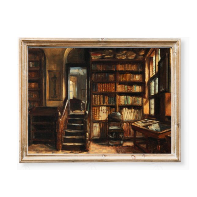 Vintage Library Oil Painting, Moody Interior Scene Poster (Creator Uploaded)