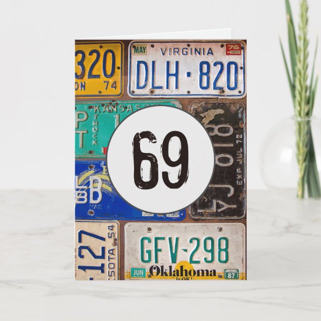 Vintage License Plates for 69th Birthday Card (Front)