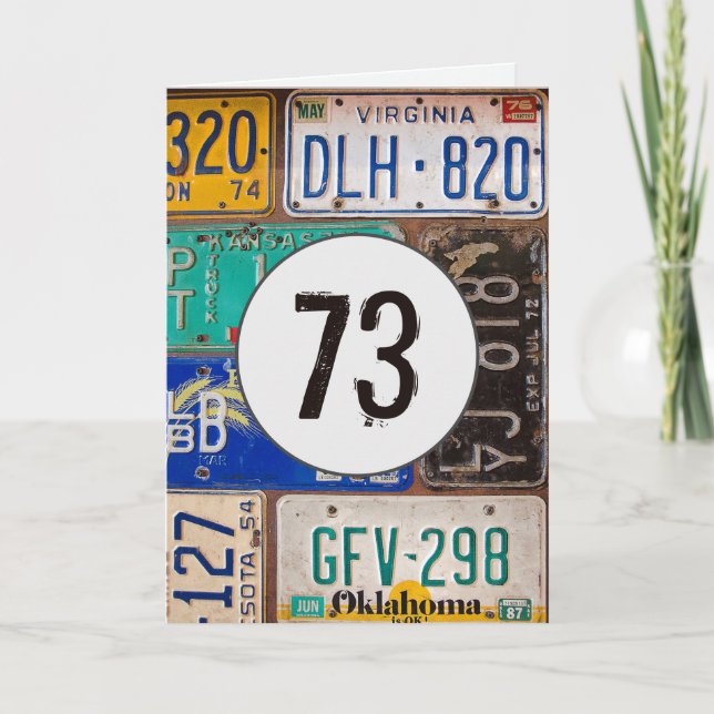Vintage License Plates for 73rd Birthday Card (Front)