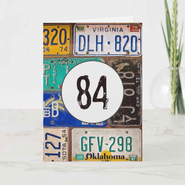 Vintage License Plates for 84th Birthday Card (Front)