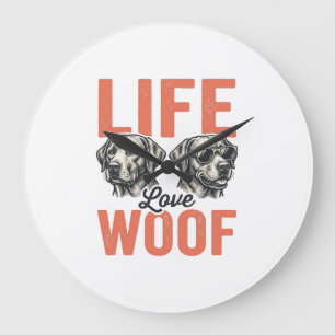 Vintage Life Love Woof Dog Graphic Design_1 Large Clock