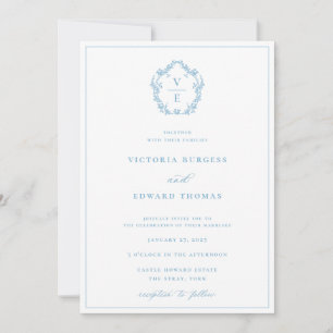 Vintage Light Blue Crest Monogram Wedding Invitation