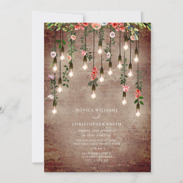 Vintage Lightbulb Brick Floral Wedding Invitation (Front)