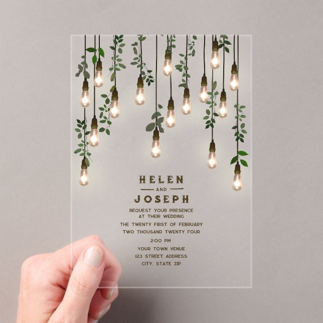 Vintage Lightbulbs Botanical Greenery Wedding Acrylic Invitations (Insitu (Handheld))