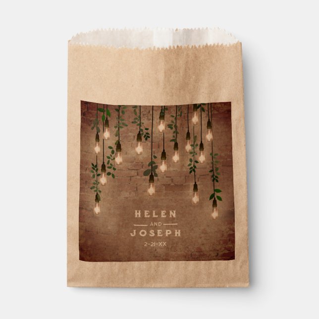Vintage Lightbulbs Rustic Brick Botanical Wedding Favour Bags (Front)