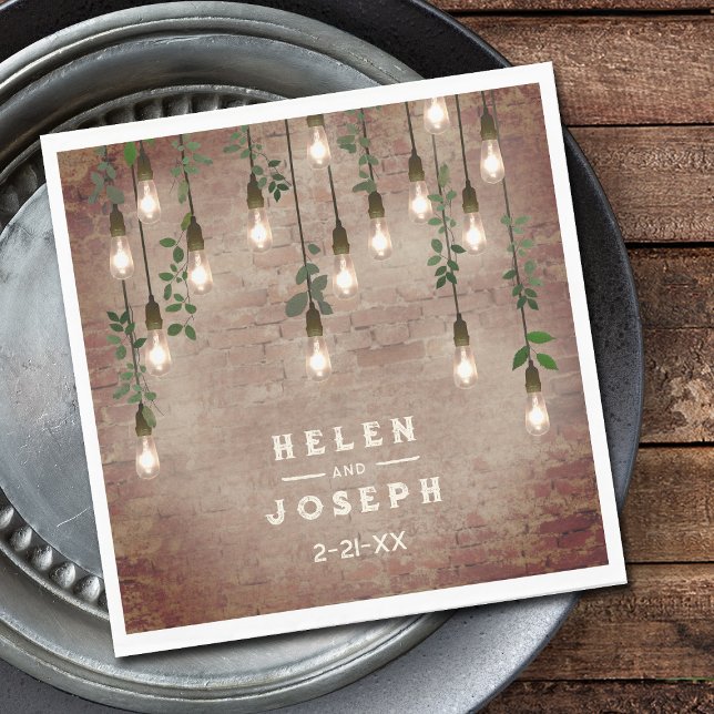 Vintage Lightbulbs Rustic Brick Botanical Wedding  Napkin (Creator Uploaded)