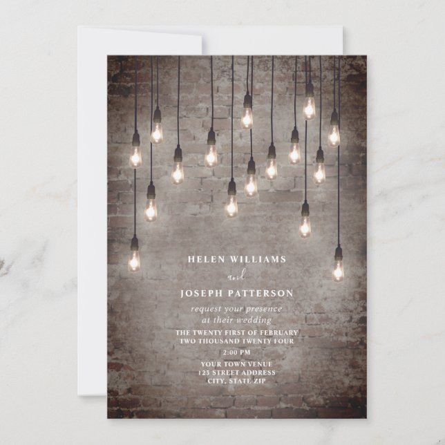 Vintage Lightbulbs Rustic Brick Industrial Wedding Invitation (Front)