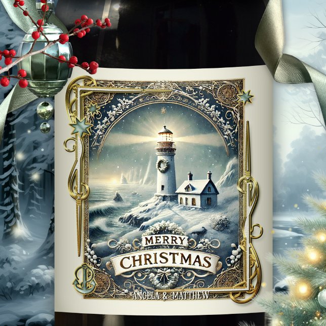 Vintage Lighthouse Nautical Christmas Wine Label (Vintage Christmas wine label featuring a lighthouse in snow with stars and an anchor - beach house)
