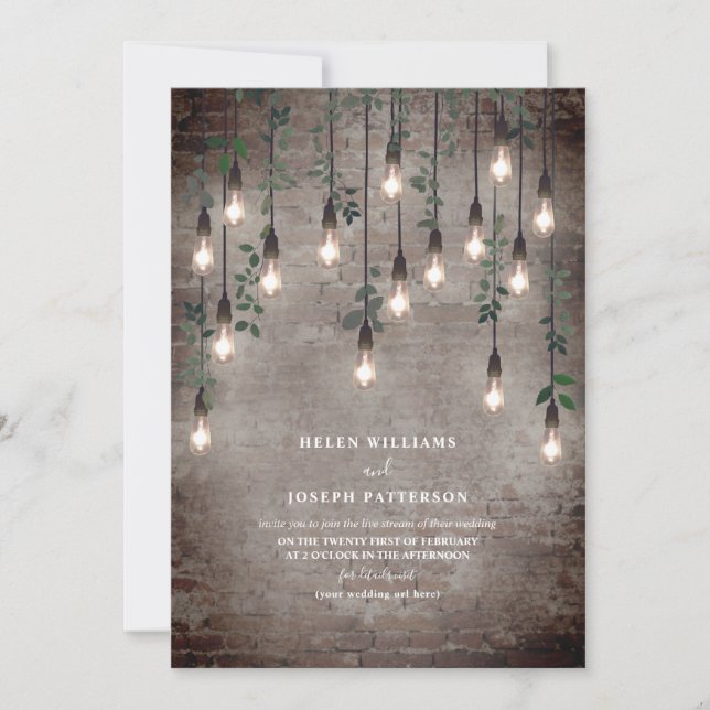 Vintage Lights Industrial Brick Botanical Virtual Invitation (Front)