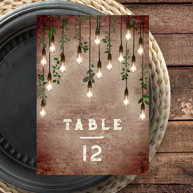Vintage Lights Industrial Brick Botanical Wedding Table Number (Creator Uploaded)