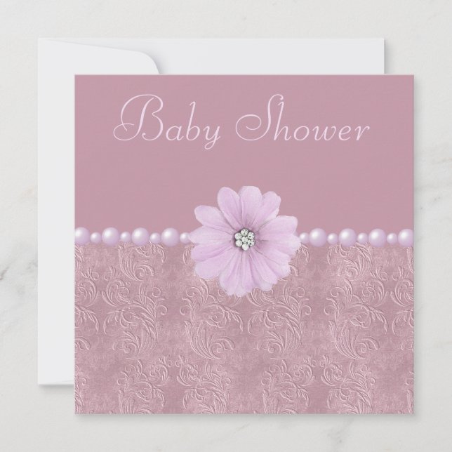 Vintage Lilac Baby Shower Bling Flowers & Pearls Invitation (Front)