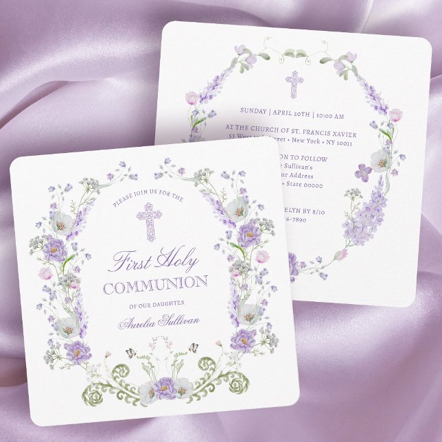 Vintage Lilac Flowers Frame First Communion Invitation (Creator Uploaded)