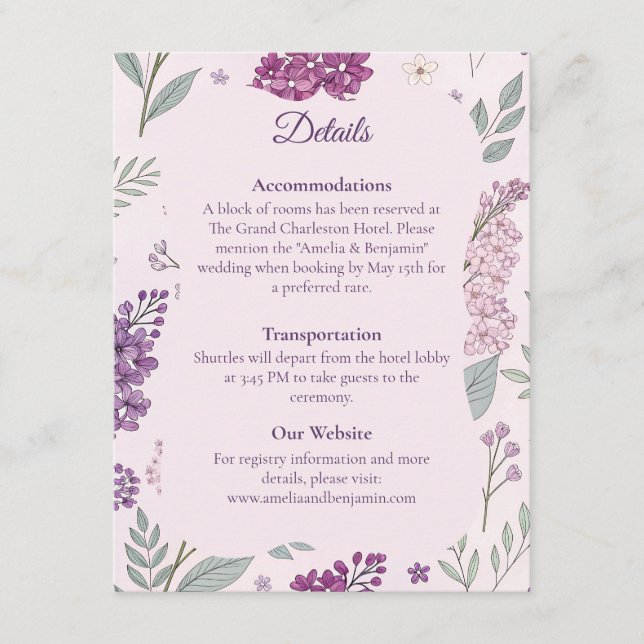 Vintage Lilac Garden Romance Wedding Details  Enclosure Card (Front)