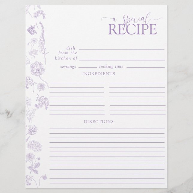 Vintage Lilac Lavender Floral Recipe Binder Page (Front)