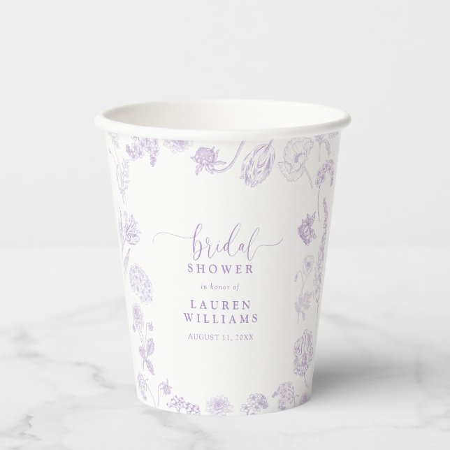 Vintage Lilac Lavender Floral Script Bridal Shower Paper Cups (Front)