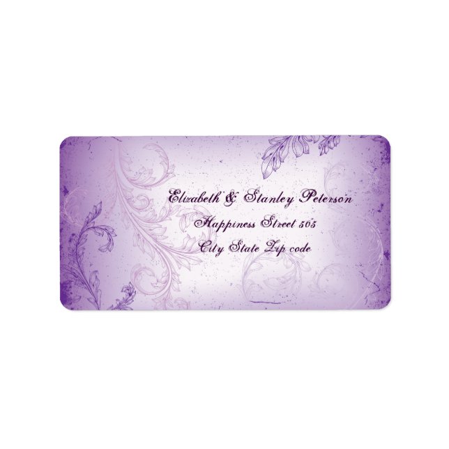 Vintage lilac purple scroll leaf wedding label (Front)