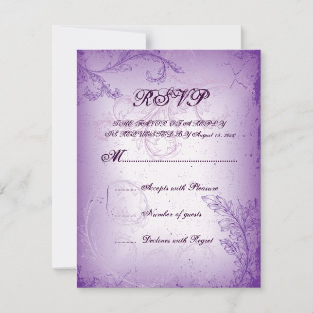 Vintage lilac purple scroll leaf wedding RSVP card (Front)
