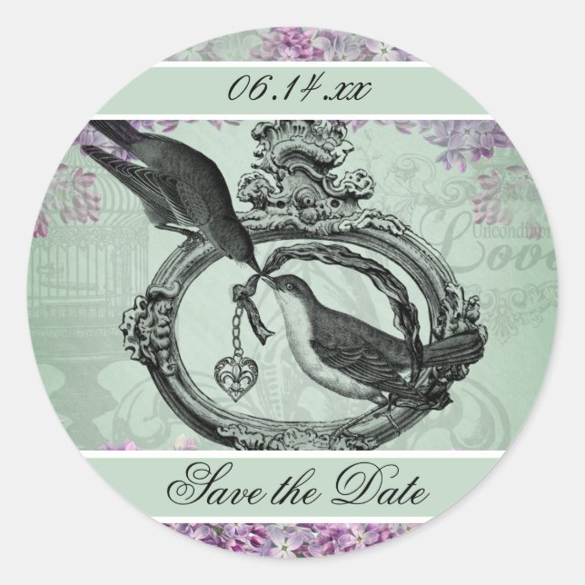 Vintage Lilacs Locket Save the Date Round Stickers (Front)