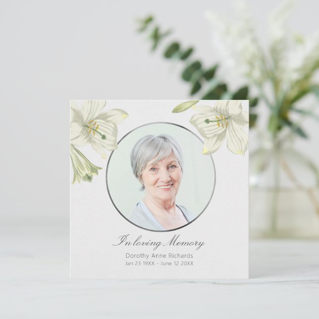 Vintage Lilies Light Silver Sympathy Memorial Card (Standing Front)