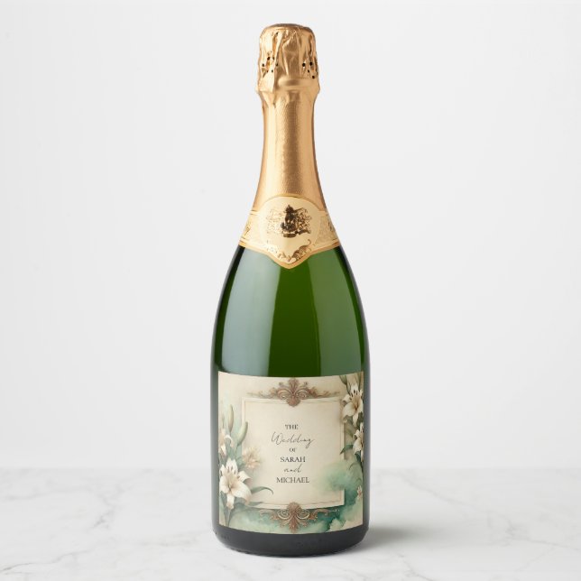 vintage lilies wedding sparkling wine label (Front)